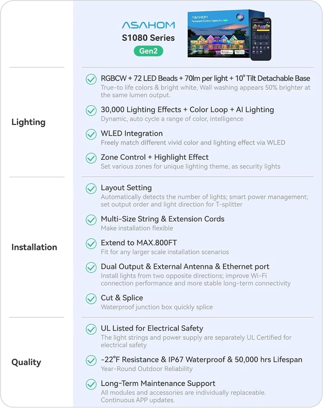 Alt view image 2 of 7 - ASAHOM Permanent Outdoor Lights Pro, 100FT with 72 LEDs, WLED Integrated