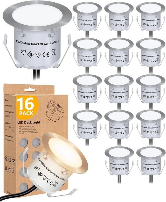 Main image of HIBOITEC Recessed LED Deck Light Kits(16Pack), 12V Low Voltage Landscape Lighting IP67 Waterproof Outdoor Step Stair Lights Warm White Deck Lighting for Garden Yard Steps Stair Patio Floor Decoration