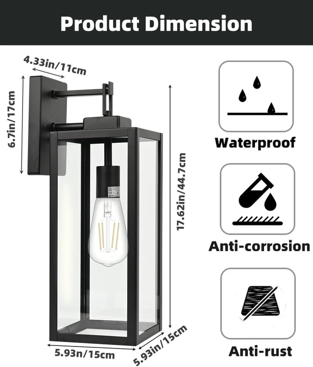 Alt view image 2 of 7 - Large Size Outdoor Wall Lantern, 18 Inch Outdoor Light, Large Porch Light, Metal and Glass Outdoor Lantern Wall Light Fixture with E26 Socket, 1 Pack