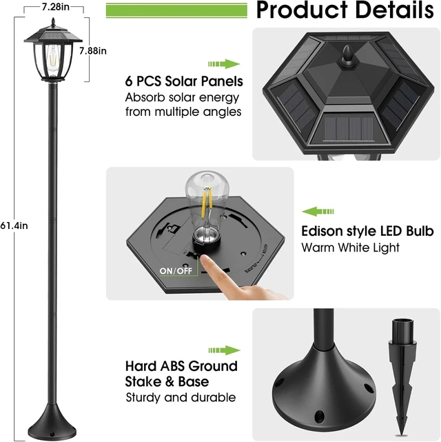 Alt view image 4 of 7 - Greluna 64" Solar Post Lights Outdoor Waterproof 2 Pack, Decorative Lamp Post Lights with Glass, Steel Pole, Auto On/Off, Easy Installation for Garden, Yard, Patio, Porch(Warm White)