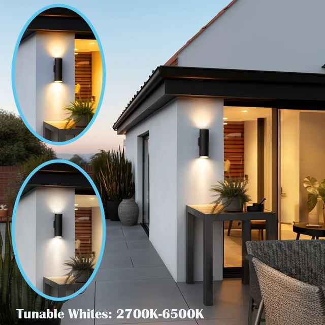 Alt view image 3 of 7 - Up Down Outdoor Lights,Remote Control RGB Color Changing RGBCCT Sconces Wall Lighting Exterior Light Fixture - 2 Light Bulbs A19 Included,Outdoor Lights for House, Porch, Patio and Garage (3 PACK)