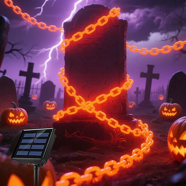 Main image of 10Ft Solar Halloween Plastic Chain Lights for Halloween Decorations Outdoor , 8 Modes Lighed Props Chains, Waterproof Halloween Lights outdoor for Skeleton Dog, Haunted House, Creepy Costumes Party