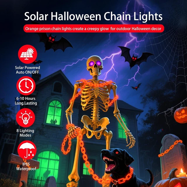 Alt view image 2 of 7 - 10Ft Solar Halloween Plastic Chain Lights for Halloween Decorations Outdoor , 8 Modes Lighed Props Chains, Waterproof Halloween Lights outdoor for Skeleton Dog, Haunted House, Creepy Costumes Party