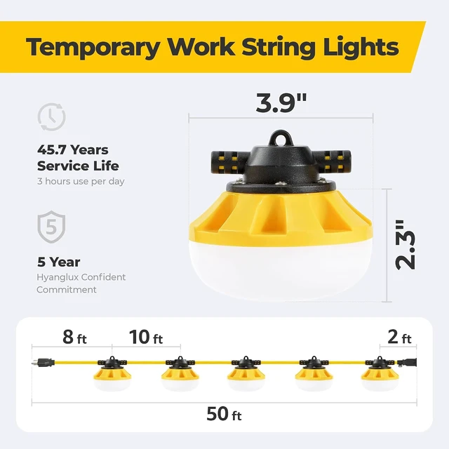 Alt view image 7 of 7 - 3Prong 50FT 50W LED String Lights, Temporary Construction Lighting