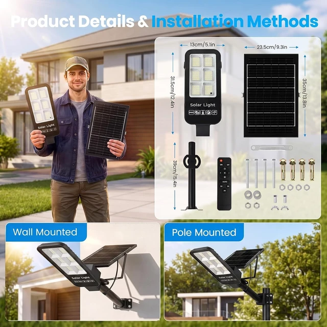 Alt view image 6 of 7 - 2-Pack Solar Street Lights Outdoor, 18000LM 6500K LED Flood Lights, Dusk to Dawn Solar Lighting Waterproof with Remote, Split-Type Outside Solar Light, Solares Parking Lot Light for Driveway Garage