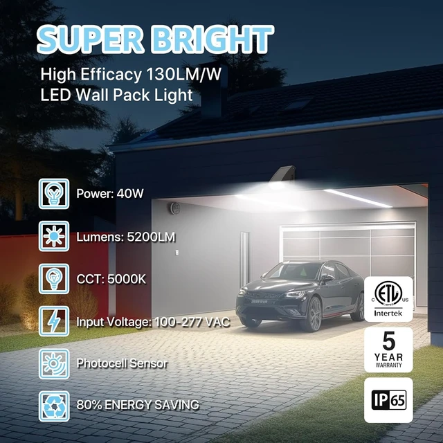 Alt view image 2 of 7 - HYPERLITE LED Wall Pack Light: 40W 5200lm ETL Listed Full Cut Off Wall Pack Led Exterior Light with Photocell - 2PCS Adjustable Residential Led Security Lights Flood Light for Garage Yard Shop Doorway