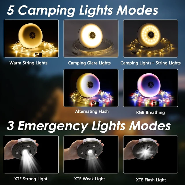 Alt view image 3 of 7 - 2 Pack Camping String Lights 4 in 1, 8 Modes Rechargeable Fairy Tent Lights