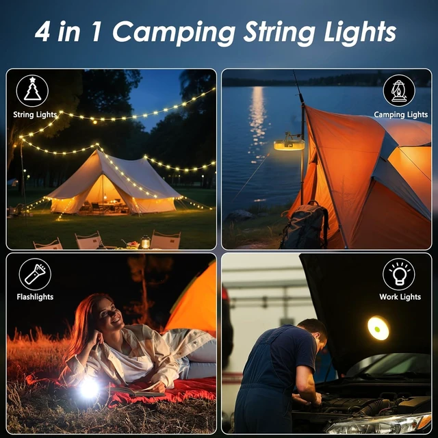 Alt view image 2 of 7 - 2 Pack Camping String Lights 4 in 1, 8 Modes Rechargeable Fairy Tent Lights