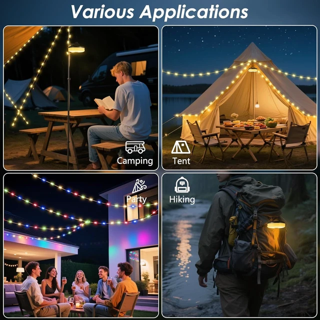 Alt view image 6 of 7 - 2 Pack Camping String Lights 4 in 1, 8 Modes Rechargeable Fairy Tent Lights