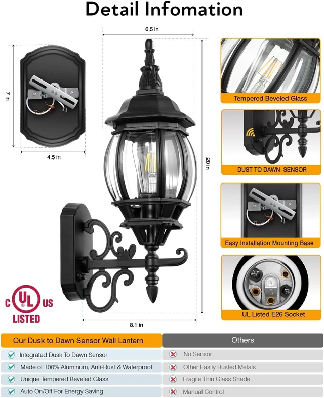 Alt view image 6 of 7 - VIANIS Black Outdoor Light Fixture, 2 Pack Exterior Sconces Wall Lighting