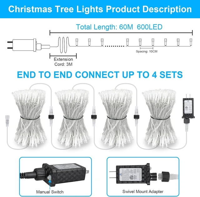 Alt view image 5 of 7 - 196 FT 600LED Christmas Lights Plug in,Waterproof Fairy Lights with Timer/8 Modes, Christmas Tree Lights Lighting Outdoor Indoor Garden Party Wedding Christmas Tree Decoration(Cool White)
