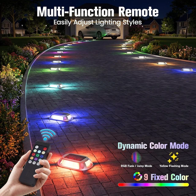 Alt view image 2 of 6 - VOLISUN Solar Driveway Lights with Remote 8 Pack, 9 Colors in 1 Led IP67 Waterproof Outdoor Warning Dock Deck Lights for Driveway Sidewalk Pathway Step RGB (9colors, 8pack)