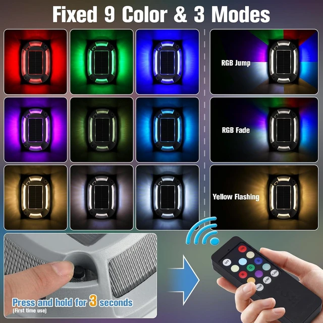 Alt view image 3 of 6 - VOLISUN Solar Driveway Lights with Remote 8 Pack, 9 Colors in 1 Led IP67 Waterproof Outdoor Warning Dock Deck Lights for Driveway Sidewalk Pathway Step RGB (9colors, 8pack)