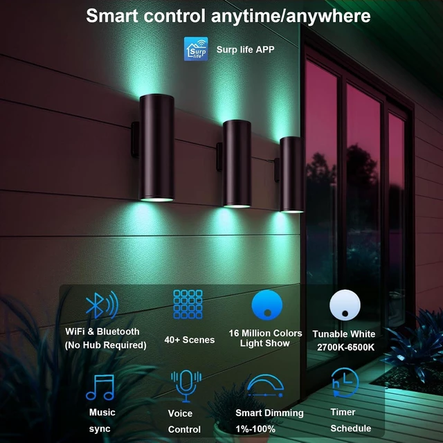 Alt view image 2 of 7 - Up Down Outdoor Lights,Remote Control RGB Color Changing RGBCCT Sconces Wall Lighting Exterior Light Fixture - 2 Light Bulbs A19 Included,Outdoor Lights for House, Porch, Patio and Garage (3 PACK)