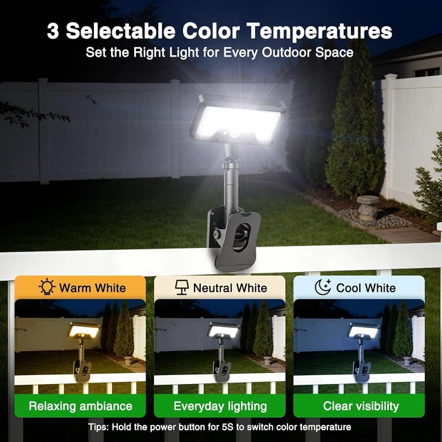 Alt view image 2 of 7 - iMaihom Clip On Solar Lights Outdoor with Motion Sensor, 92 LED 600LM Solar Fence Lights, Warm/Neutral/Cool White, 360° Adjustable, IP65 Waterproof Security Light for Deck, Gutter, Porch (2, Black)
