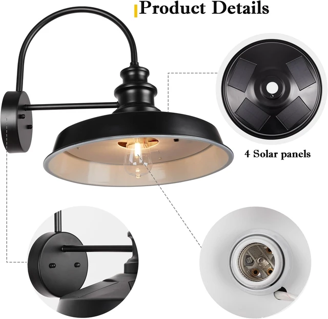 Alt view image 3 of 7 - Solar Barn Light Outdoor, 16 Inch Farmhouse Dusk to Dawn Sensor Wall Sconce, Large Rustic Solar Powered Exterior Light Fixture for Porch, Garage, Patio, ROS-SR028