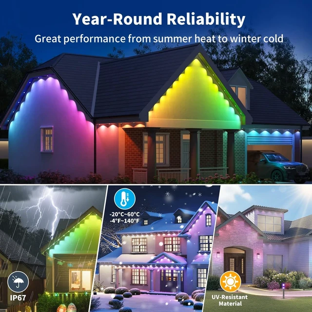 Alt view image 3 of 7 - XINKAITE 200FT Permanent Outdoor Lights with 100 LEDs - Smart RGB+IC with 16 Million DIY Colors, IP67 Waterproof, App & Remote Control, Hundreds of Dynamic & Scene Modes for Holidays, Christmas & Home