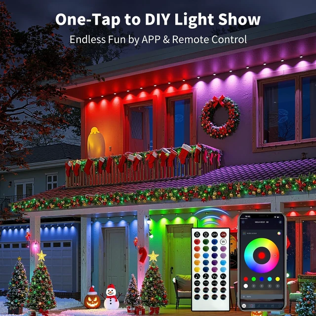 Alt view image 4 of 7 - XINKAITE 200FT Permanent Outdoor Lights with 100 LEDs - Smart RGB+IC with 16 Million DIY Colors, IP67 Waterproof, App & Remote Control, Hundreds of Dynamic & Scene Modes for Holidays, Christmas & Home