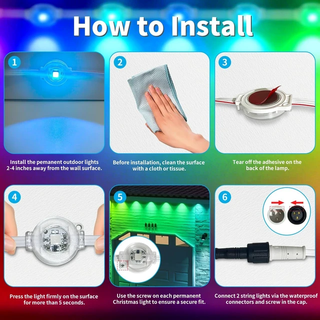 Alt view image 6 of 7 - XINKAITE 200FT Permanent Outdoor Lights with 100 LEDs - Smart RGB+IC with 16 Million DIY Colors, IP67 Waterproof, App & Remote Control, Hundreds of Dynamic & Scene Modes for Holidays, Christmas & Home