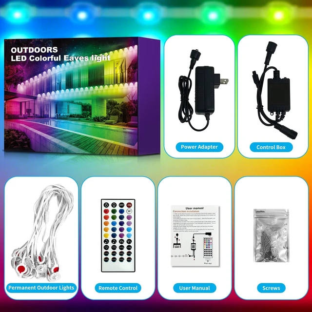 Alt view image 7 of 7 - XINKAITE 200FT Permanent Outdoor Lights with 100 LEDs - Smart RGB+IC with 16 Million DIY Colors, IP67 Waterproof, App & Remote Control, Hundreds of Dynamic & Scene Modes for Holidays, Christmas & Home