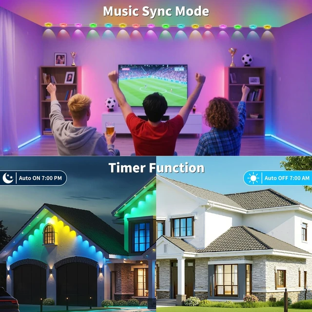 Alt view image 5 of 7 - XINKAITE 200FT Permanent Outdoor Lights with 100 LEDs - Smart RGB+IC with 16 Million DIY Colors, IP67 Waterproof, App & Remote Control, Hundreds of Dynamic & Scene Modes for Holidays, Christmas & Home