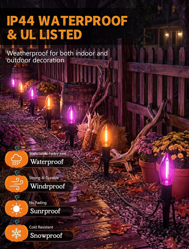 Alt view image 3 of 7 - Halloween Pathway Lights 19.5FT, 10 C9 LED Purple & Orange Bulbs Plug In
