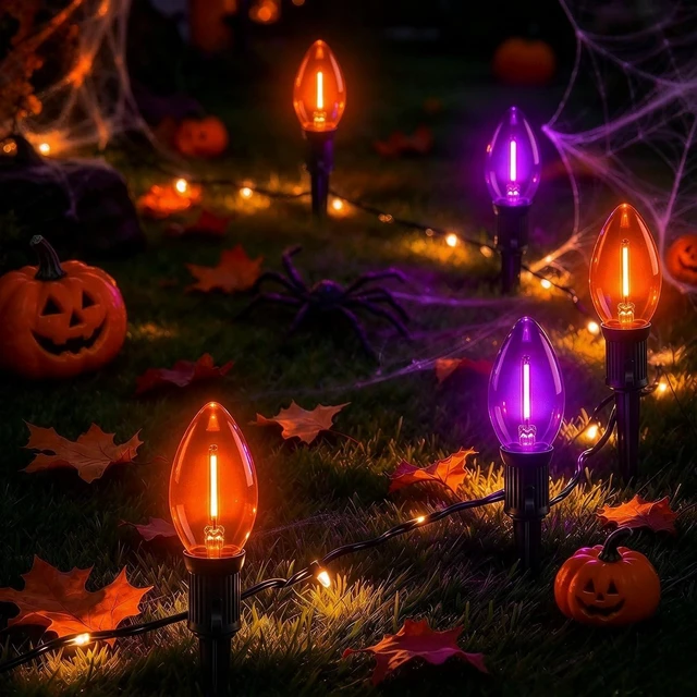 Main image of Halloween Pathway Lights 19.5FT, 10 C9 LED Purple & Orange Bulbs Plug In
