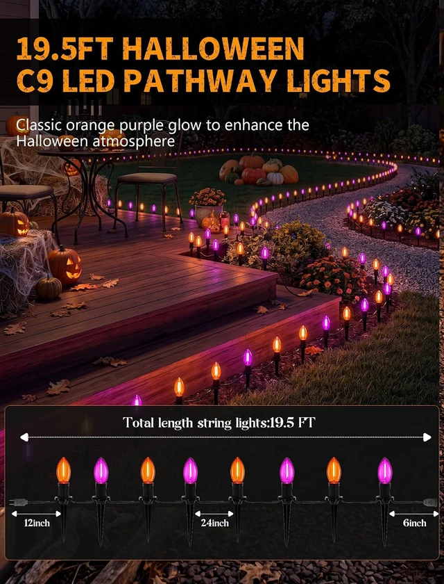 Alt view image 2 of 7 - Halloween Pathway Lights 19.5FT, 10 C9 LED Purple & Orange Bulbs Plug In