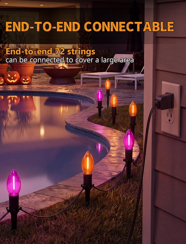 Alt view image 4 of 7 - Halloween Pathway Lights 19.5FT, 10 C9 LED Purple & Orange Bulbs Plug In