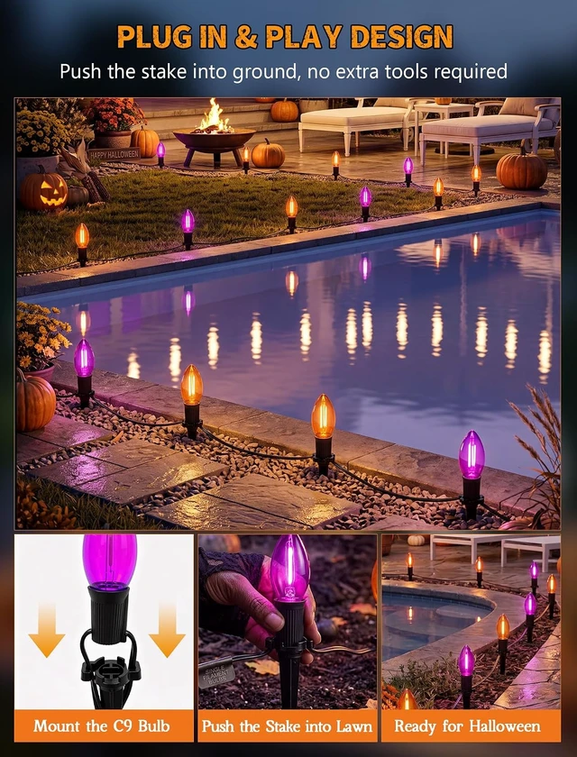 Alt view image 5 of 7 - Halloween Pathway Lights 19.5FT, 10 C9 LED Purple & Orange Bulbs Plug In