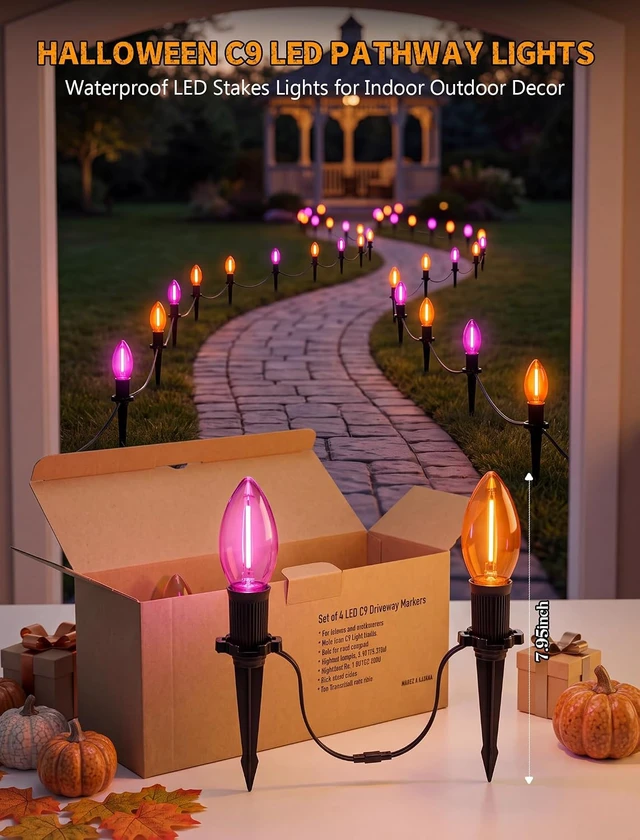 Alt view image 6 of 7 - Halloween Pathway Lights 19.5FT, 10 C9 LED Purple & Orange Bulbs Plug In