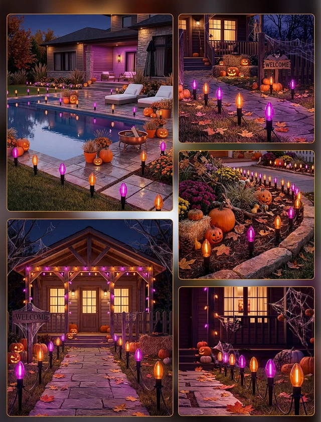 Alt view image 7 of 7 - Halloween Pathway Lights 19.5FT, 10 C9 LED Purple & Orange Bulbs Plug In
