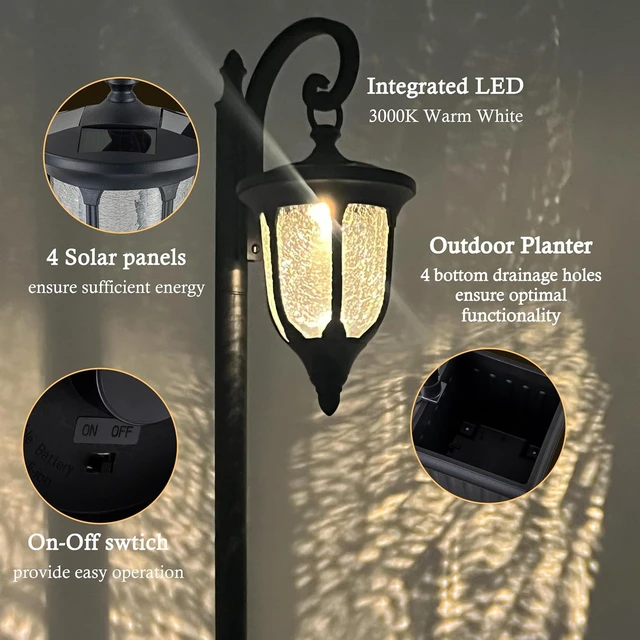 Alt view image 3 of 7 - Outdoor Flower Pots Solar Lamp Post Light with Crackle Glass Shade