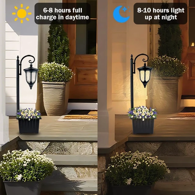 Alt view image 4 of 7 - Outdoor Flower Pots Solar Lamp Post Light with Crackle Glass Shade