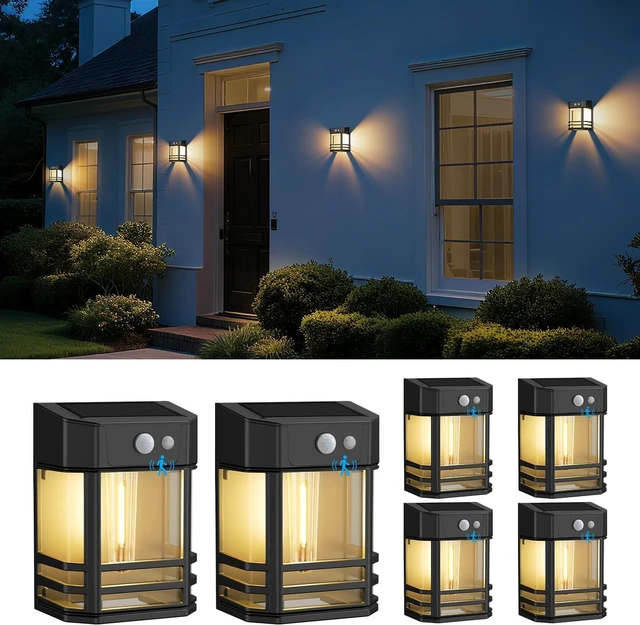 Main image of btfarm 6 Pack Solar Wall Lights Outdoor,3 Modes Motion Sensor Lights Dusk to Dawn, IP65 Waterproof Porch Light Solar Powered, 1200mAh Wireless Wall Mount Sconces for Outside Patio, Garage, Yard