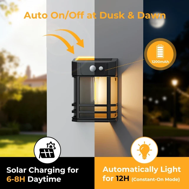 Alt view image 2 of 7 - btfarm 6 Pack Solar Wall Lights Outdoor,3 Modes Motion Sensor Lights Dusk to Dawn, IP65 Waterproof Porch Light Solar Powered, 1200mAh Wireless Wall Mount Sconces for Outside Patio, Garage, Yard