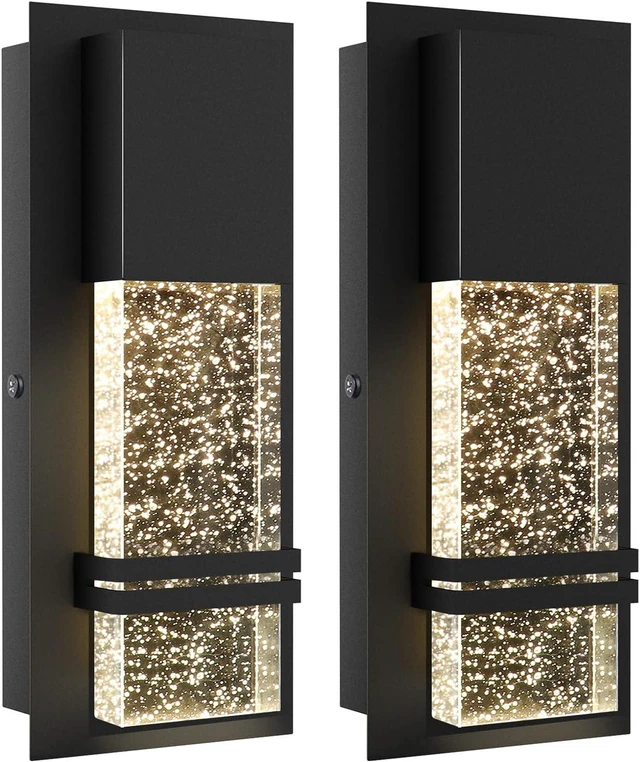 Main image of LED Integrated Outdoor Wall Light, Modern Exterior Wall Sconce with Crystal Bubble Glass, 12W 3000K Wall Mount Lighting Matte Black Finish Porch Light for Living Room Entryway Doorway 2 Pack