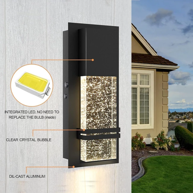 Alt view image 2 of 6 - LED Integrated Outdoor Wall Light, Modern Exterior Wall Sconce with Crystal Bubble Glass, 12W 3000K Wall Mount Lighting Matte Black Finish Porch Light for Living Room Entryway Doorway 2 Pack