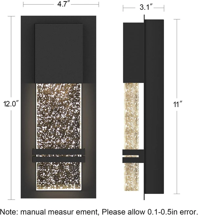 Alt view image 3 of 6 - LED Integrated Outdoor Wall Light, Modern Exterior Wall Sconce with Crystal Bubble Glass, 12W 3000K Wall Mount Lighting Matte Black Finish Porch Light for Living Room Entryway Doorway 2 Pack