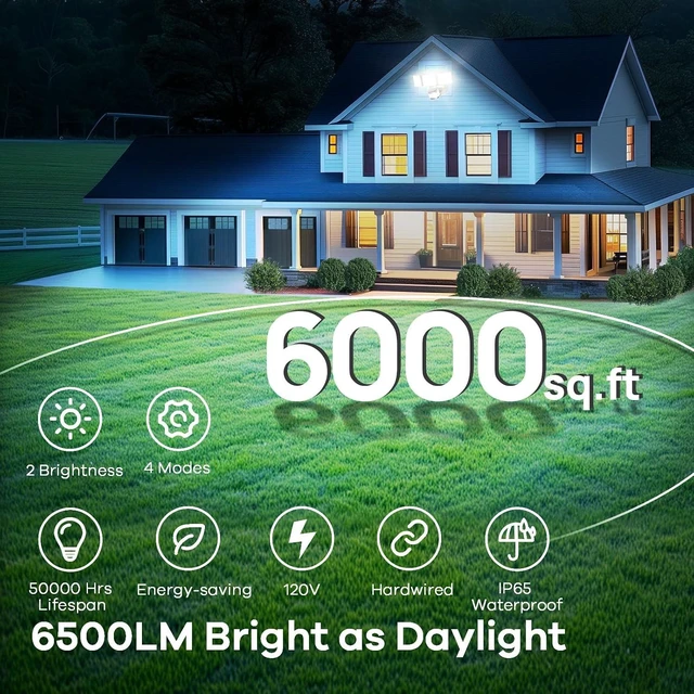 Alt view image 2 of 7 - OREiN Motion Sensor Outdoor Flood Light 42W 6500LM, Super Bright LED Security Light, Dusk to Dawn/Auto/Manual Modes, IP65 Waterproof Hardwired Floodlight for Yard, Garage, Porch, Driveway