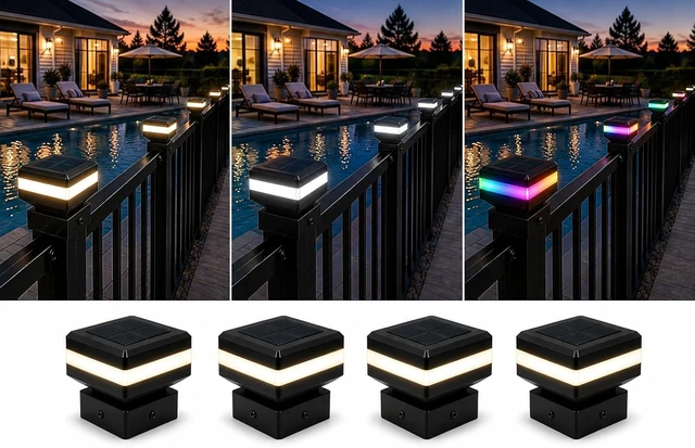 Main image of 4 Pack Solar Post Cap Lights for 2x2 Inch Aluminum, Wrought Iron, and Garden/Pool Fences, Warm White, Cool White, and Selectable RGB Colors with Built-in Color-Changing Holiday/Party Mode