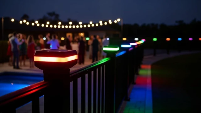 Alt view image 3 of 7 - 4 Pack Solar Post Cap Lights for 2x2 Inch Aluminum, Wrought Iron, and Garden/Pool Fences, Warm White, Cool White, and Selectable RGB Colors with Built-in Color-Changing Holiday/Party Mode