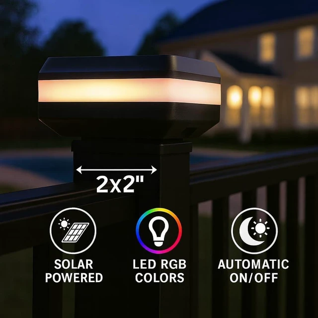 Alt view image 5 of 7 - 4 Pack Solar Post Cap Lights for 2x2 Inch Aluminum, Wrought Iron, and Garden/Pool Fences, Warm White, Cool White, and Selectable RGB Colors with Built-in Color-Changing Holiday/Party Mode