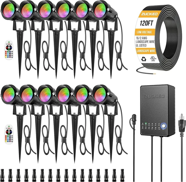 Main image of ZUCKEO All-in-One RGB Low Voltage Landscape Lighting Kit, 5W LED Color Changing Landscape Lights with Transformer and 120FT Wire, Outdoor Spotlights for Halloween Christmas Yard Garden Decor, 12Pack