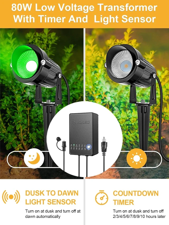 Alt view image 2 of 7 - ZUCKEO All-in-One RGB Low Voltage Landscape Lighting Kit, 5W LED Color Changing Landscape Lights with Transformer and 120FT Wire, Outdoor Spotlights for Halloween Christmas Yard Garden Decor, 12Pack