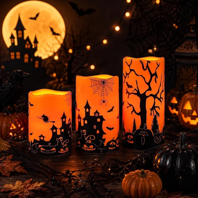 Main image of Homemory Orange Halloween LED Candles, Waterproof, Remote Timer, Set of 3