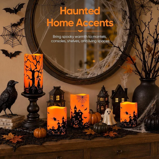 Alt view image 3 of 7 - Homemory Orange Halloween LED Candles, Waterproof, Remote Timer, Set of 3
