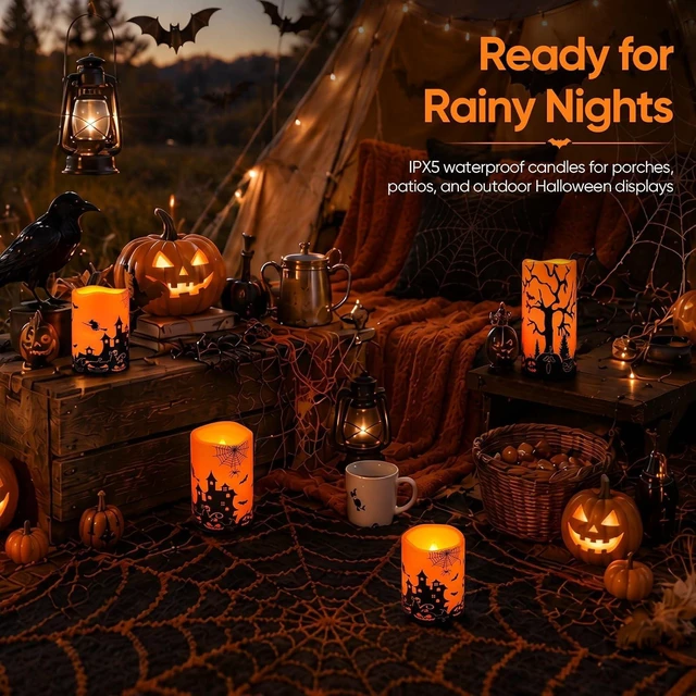 Alt view image 4 of 7 - Homemory Orange Halloween LED Candles, Waterproof, Remote Timer, Set of 3