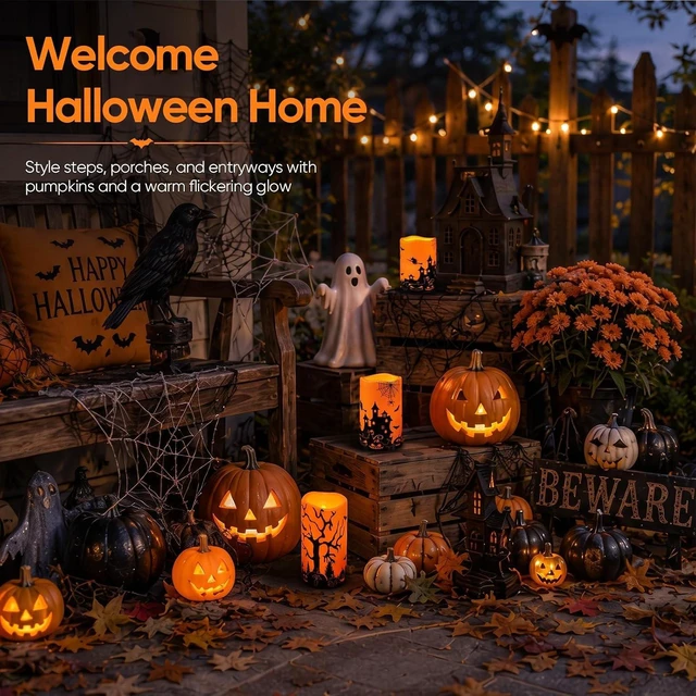 Alt view image 6 of 7 - Homemory Orange Halloween LED Candles, Waterproof, Remote Timer, Set of 3