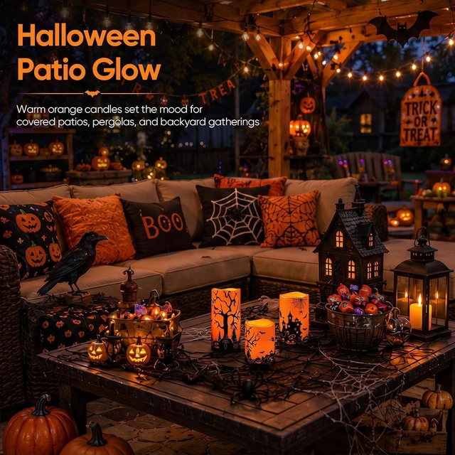 Alt view image 7 of 7 - Homemory Orange Halloween LED Candles, Waterproof, Remote Timer, Set of 3